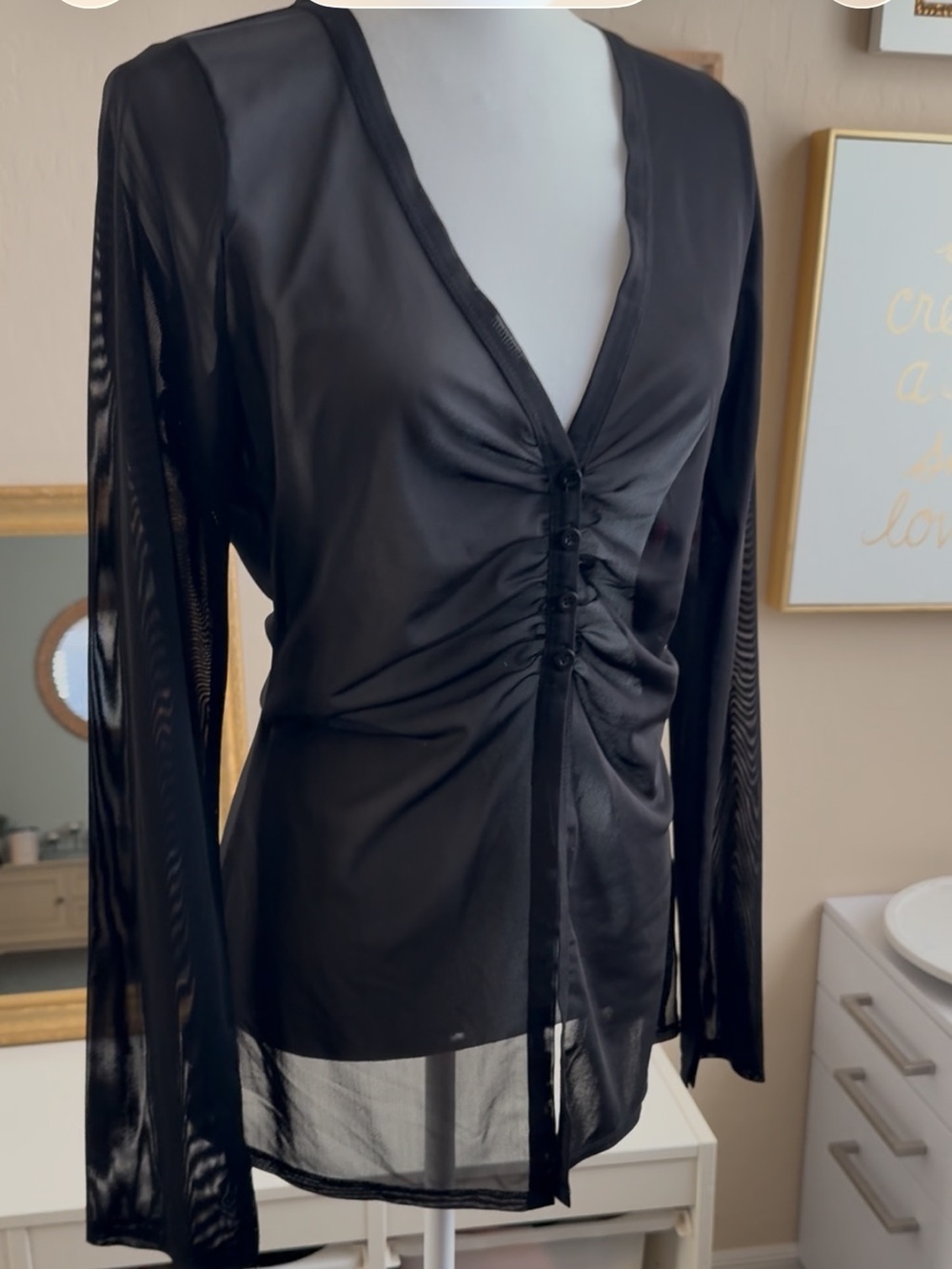 BKE Sheer Mesh Black Ruched Button Down Open Cardigan Top Women’s Large